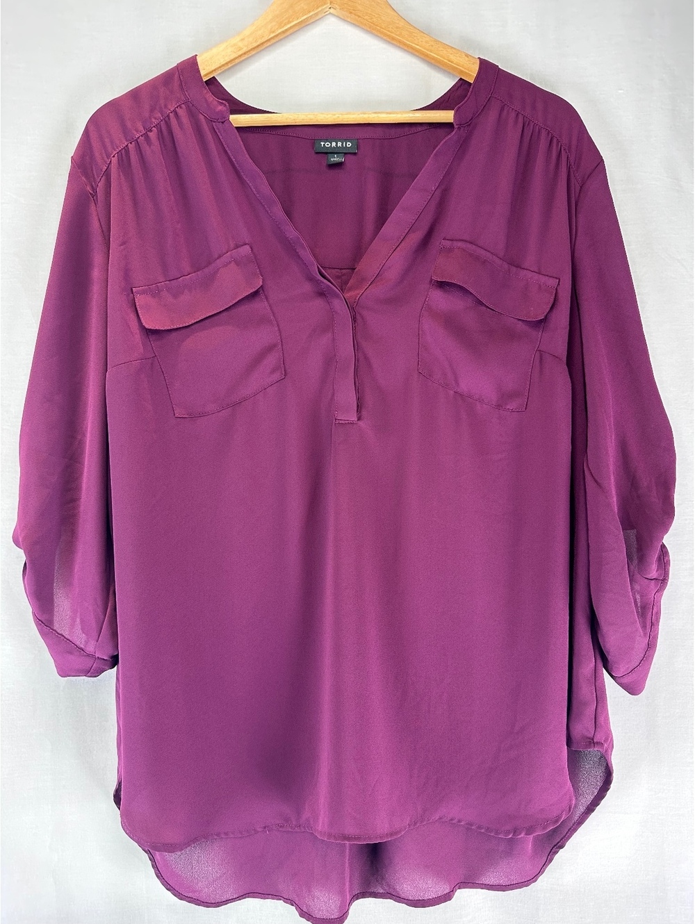 Torrid Harper Size 1 Purple Georgette Roll Tab Sleeve Blouse